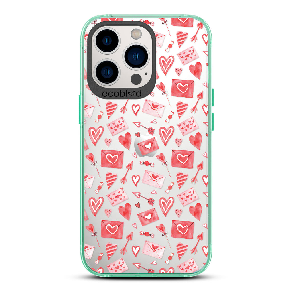 Love Collection - Green Compostable iPhone 13 Pro Case - Red & Pink Love Letter Envelopes, Hearts & Arrows On Clear Back