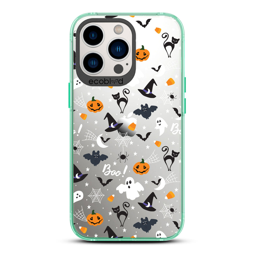 Halloween Collection - Green Laguna iPhone 13 Pro Max Case With Spiders, Ghosts & Other Spooky Characters On A Clear Back 
