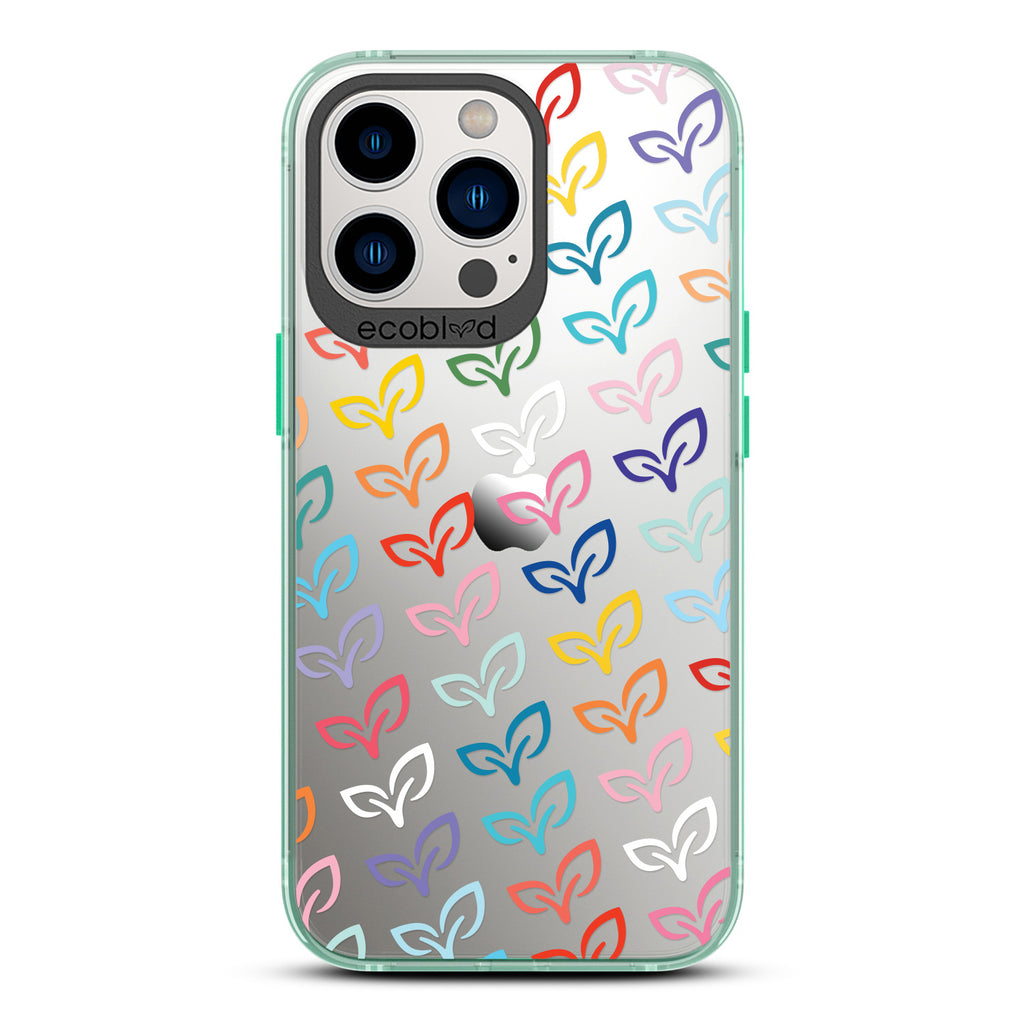Laguna Collection - Green iPhone 13 Pro Max / 12 Pro Max Case With Colorful V-Leaf Monogram Print On A Clear Back 
