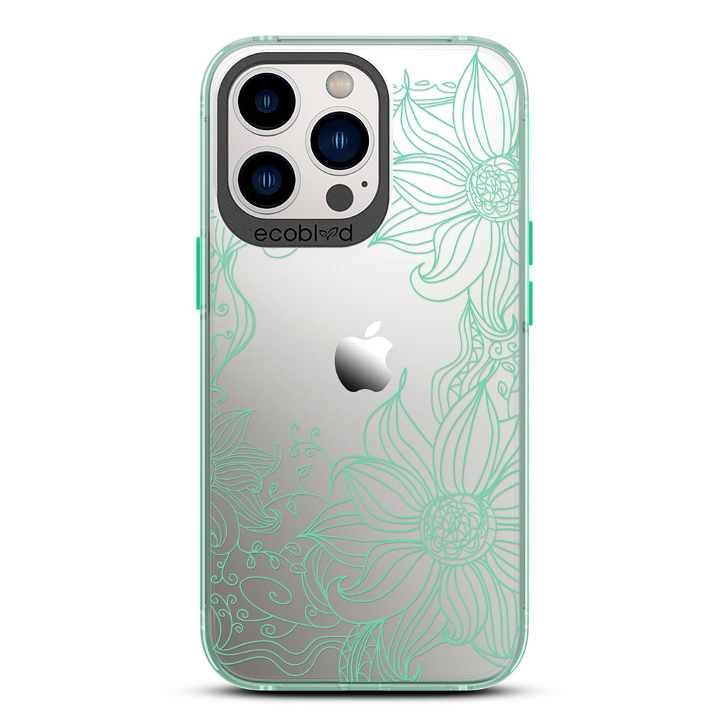 Laguna Collection - Green Eco-Friendly iPhone 13 Pro Case With A Sunflower Stencil Line Art Design On A Clear Back