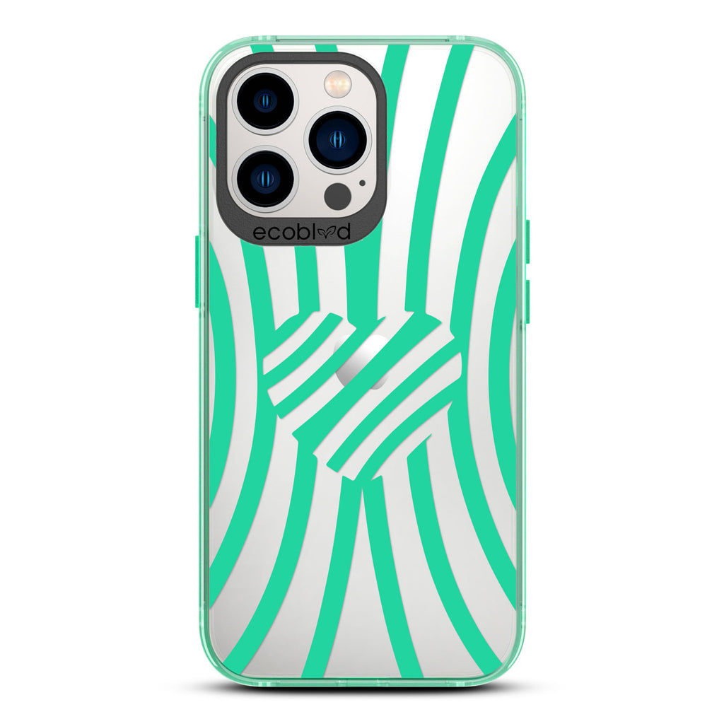 Love Collection - Green Compostable iPhone 13 Pro Case - Green Zebra Stripes & A Heart In The Center On A Clear Back