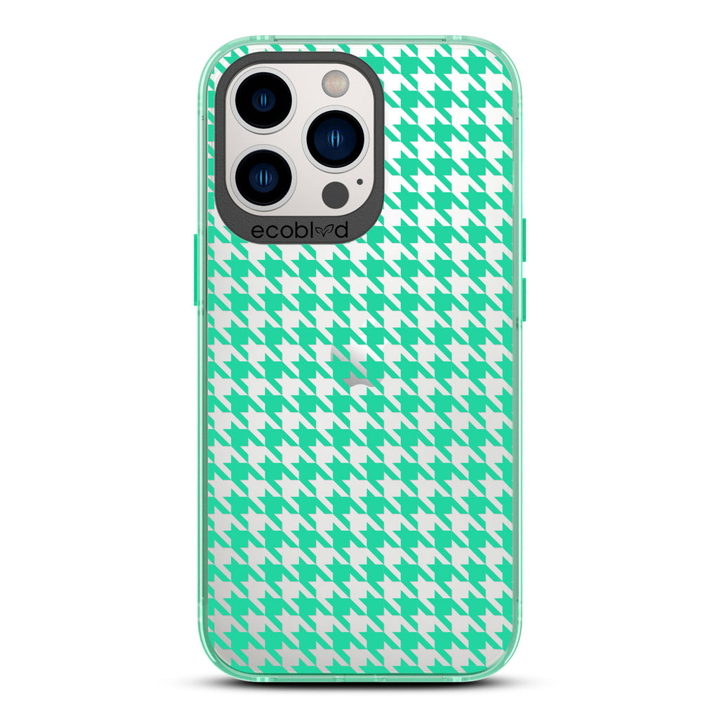 Timeless Collection - Green Laguna Compostable iPhone 13 Pro Case With A Plaid Houndstooth Pattern On A Clear Back