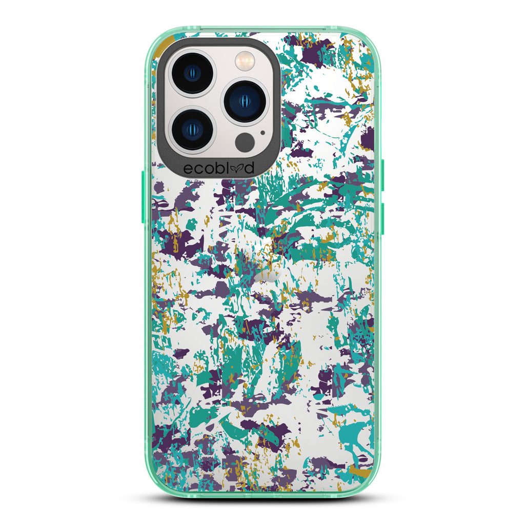 Contemporary Collection - Green Compostable iPhone 13 Pro Case - Abstract Expressionist Paint Splatter On A Clear Back