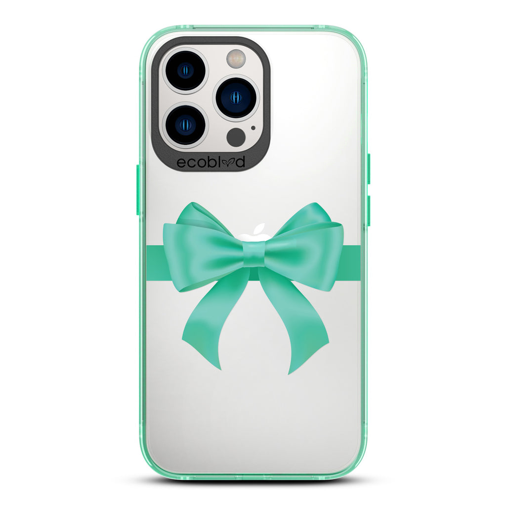 Winter Collection - Green Eco-Friendly Laguna iPhone 13 Pro Case With A Green Gift Bow Printed On A Clear Back