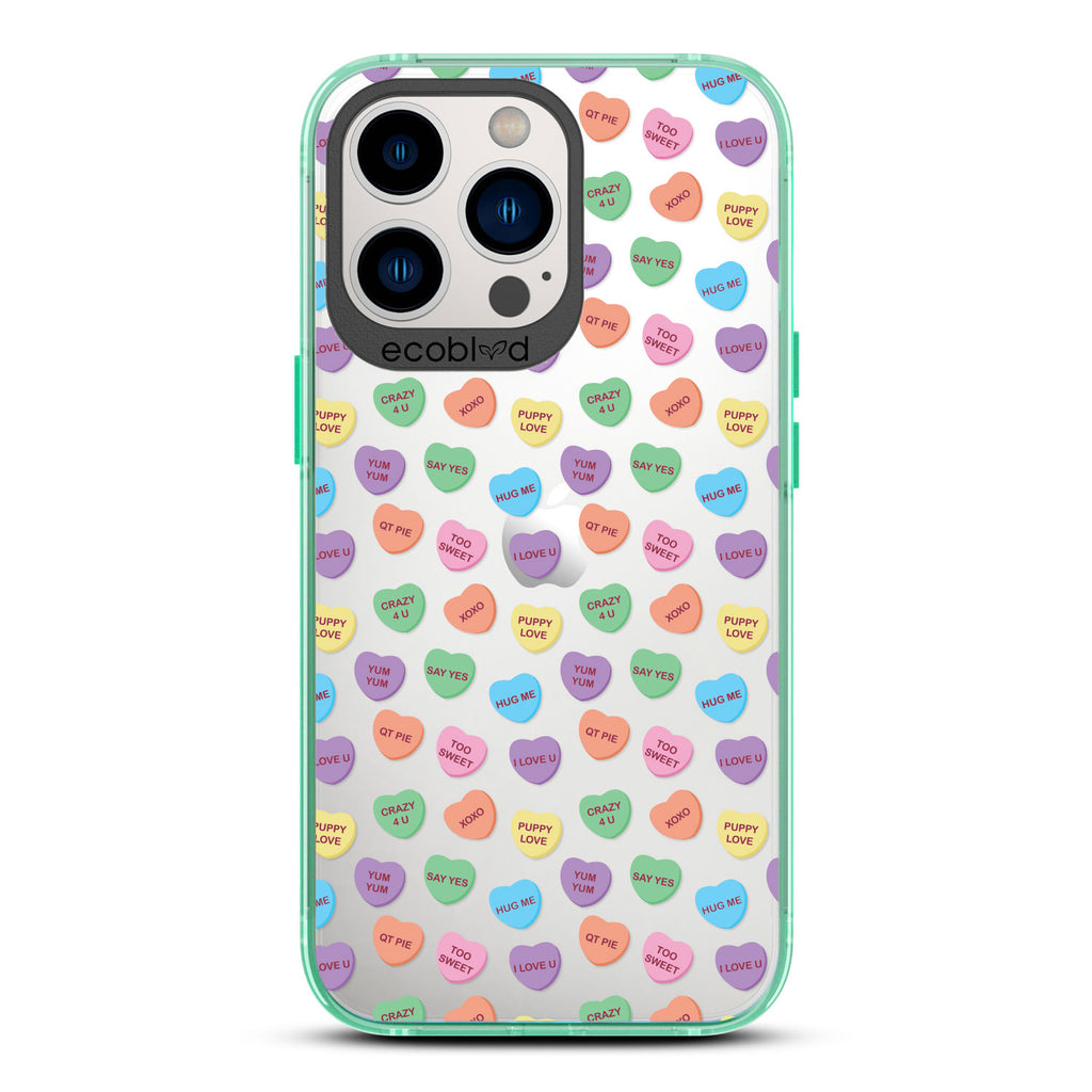 Love Collection - Green Compostable iPhone 13 Pro  Case - Pastel Colored Candy Hearts With Romantic Quotes On Clear Back