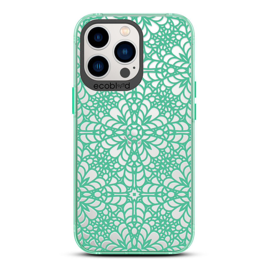 Spring Collection - Green Compostable iPhone 12/13 Pro Max Case - Intricate Lace Tapestry Pattern On A Clear Back