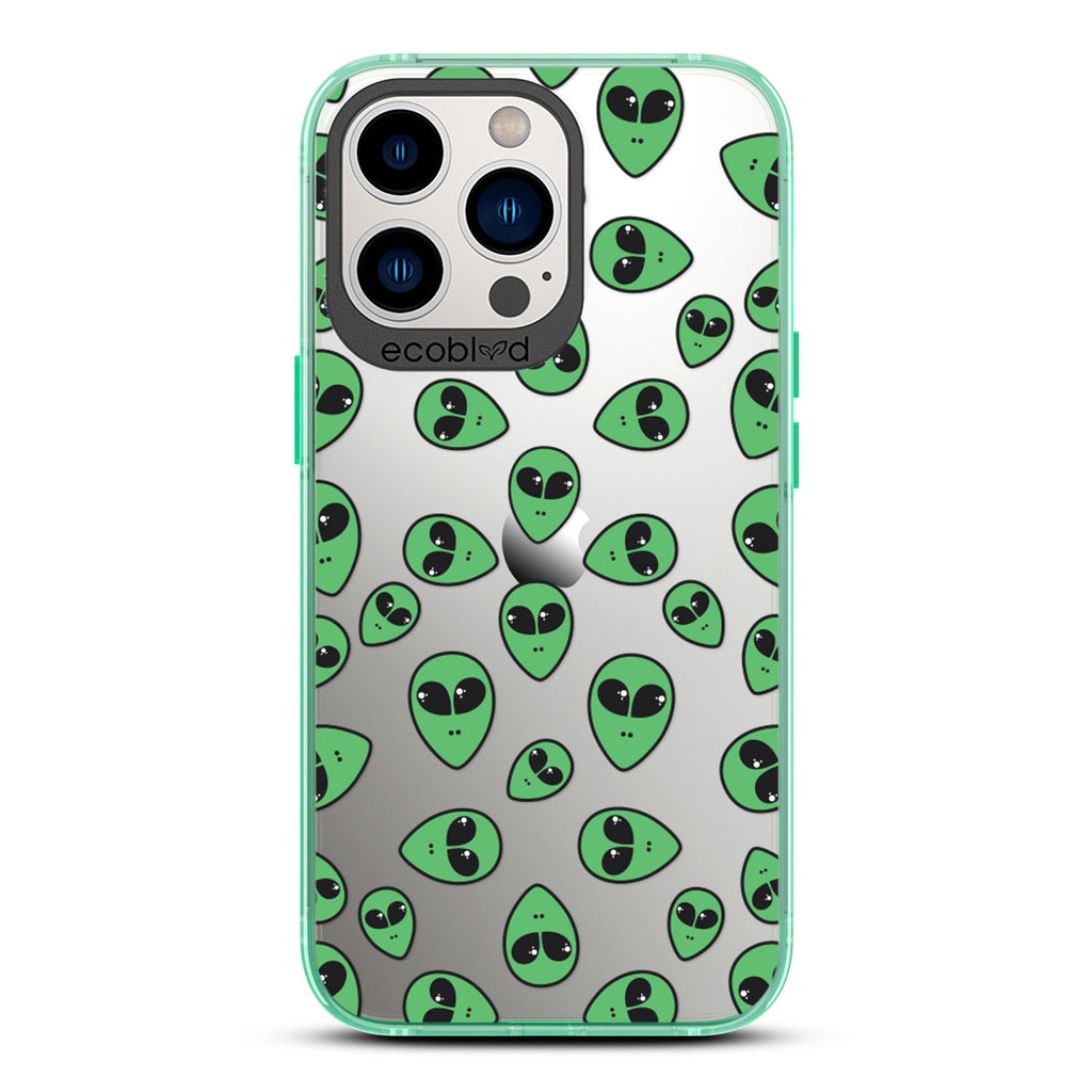 Laguna Collection - Green Eco-Friendly iPhone 13 Pro Case With Green Cartoon Alien Heads On A Clear Back - Compostable