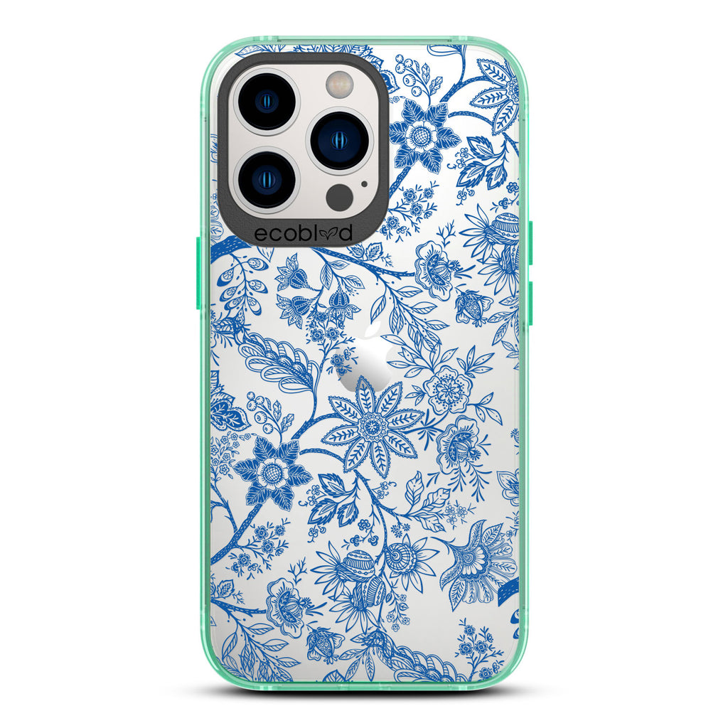 Timeless Collection - Green Laguna Compostable iPhone 12 & 13 Pro Max Case With Toile De Jouy Floral Pattern On A Clear Back
