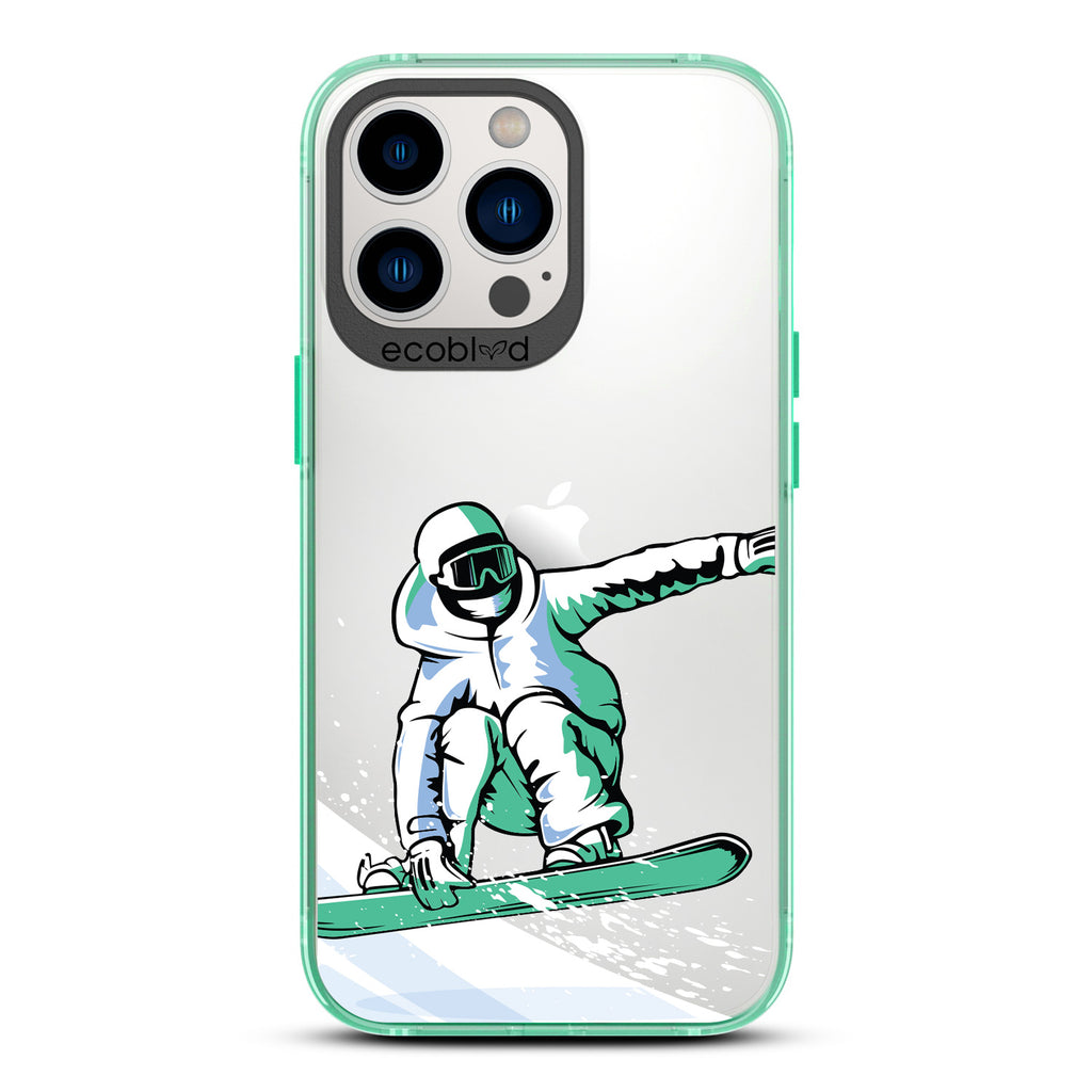 Winter Collection - Green Eco-Friendly iPhone 13 Pro Case - A Snowboarder Jumps Holding The Board On A Clear Back
