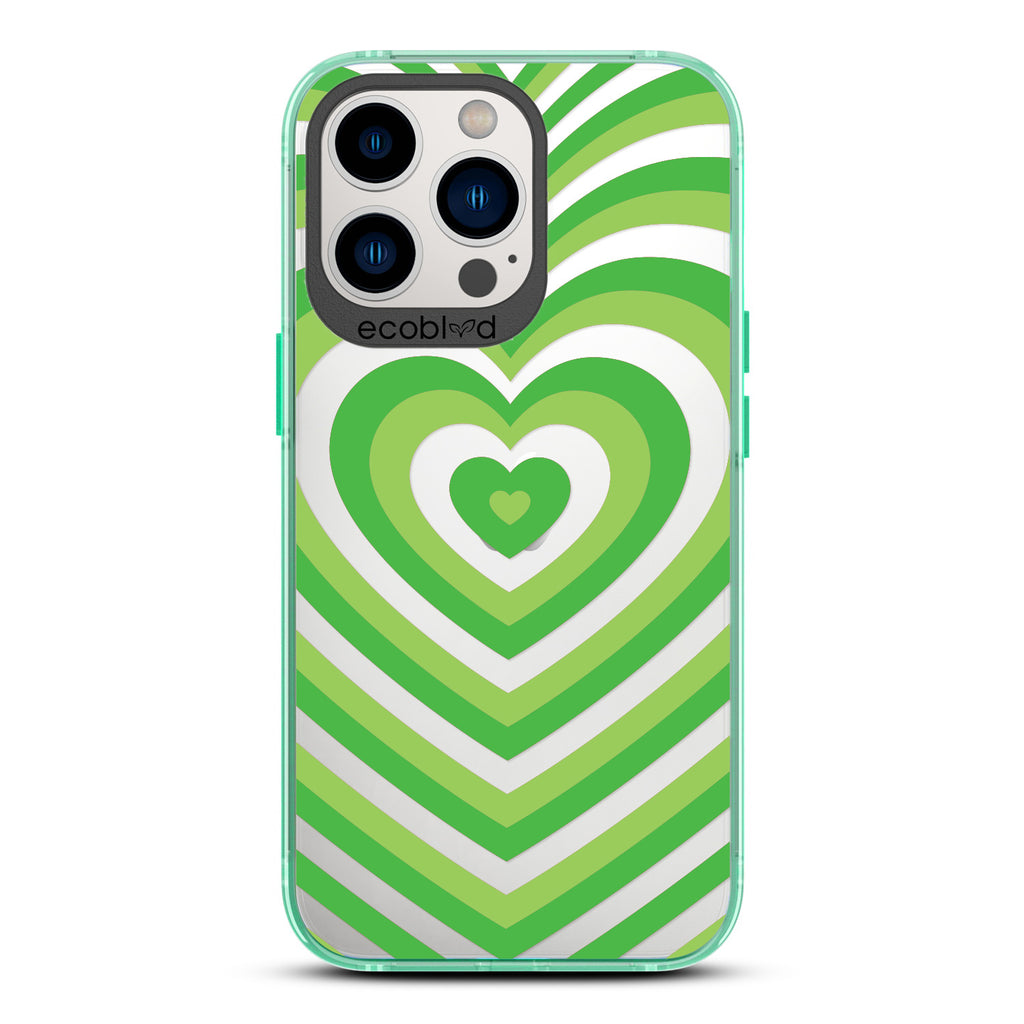 Love Collection - Green Compostable iPhone 13 Pro Case - A Small Green Heart Gradually Growing Larger On A Clear Back