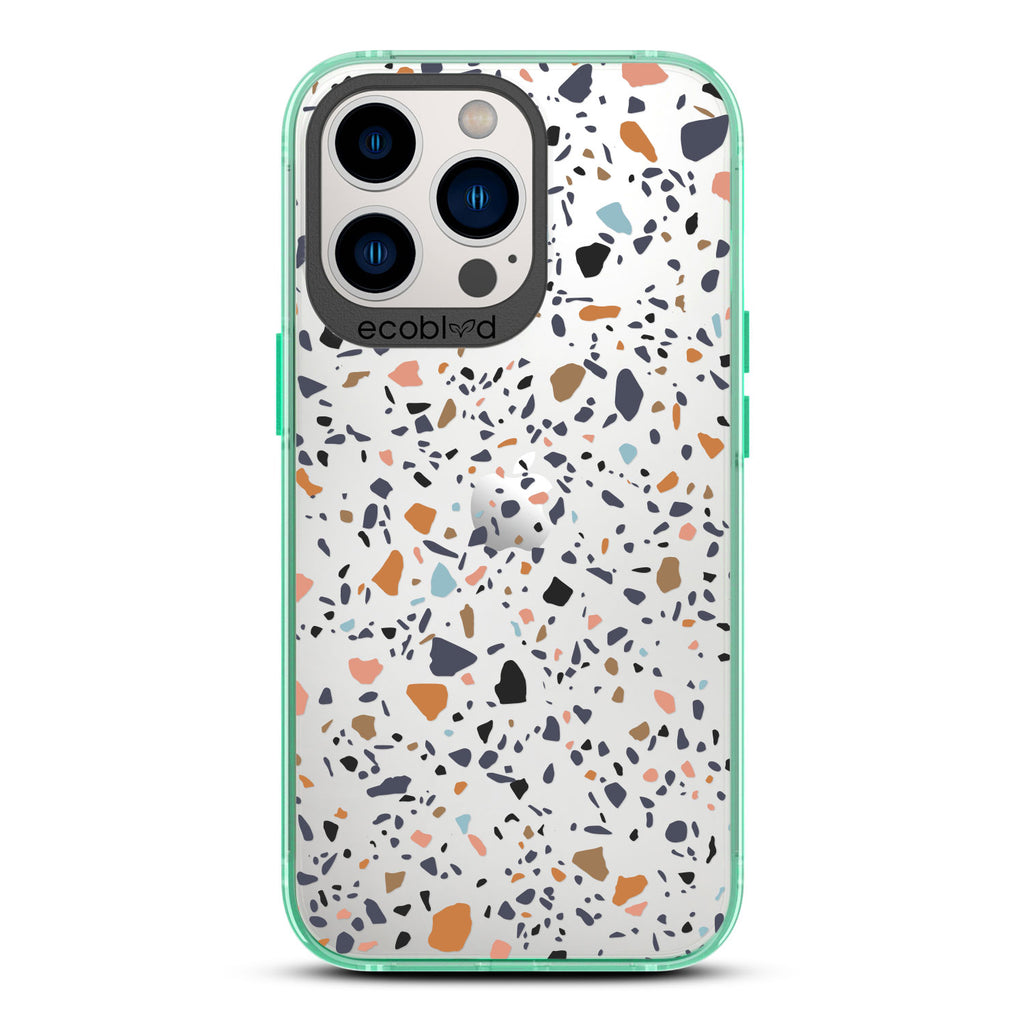 Timeless Collection - Green Laguna Compostable iPhone 13 Pro Case With A Speckled Terrazzo Pattern On A Clear Back