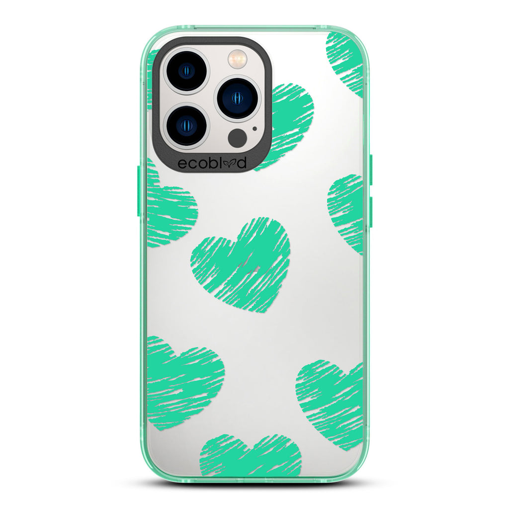 Love Collection - Green Compostable iPhone 12/13 Pro Max Case - Green Scribbled Hearts On A Clear Back