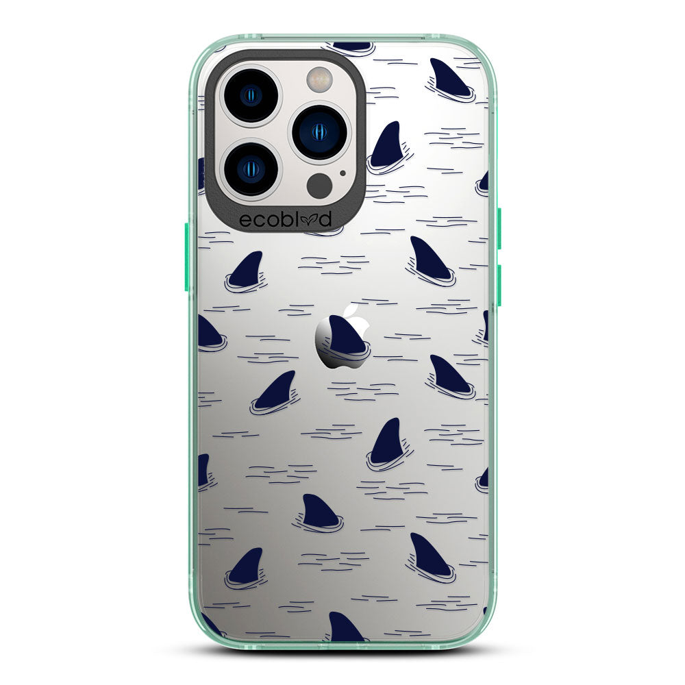 Laguna Collection - Green iPhone 13 Pro Case With Shark Fins Peeking From Water On A Clear Back - 6FT Drop Protection