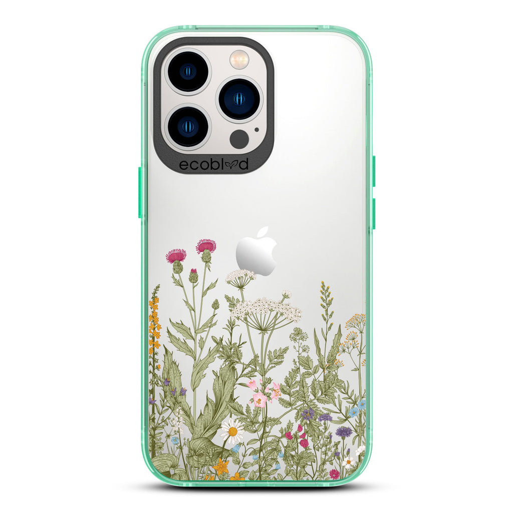 Spring Collection - Green Compostable iPhone 13 Pro Case - Wild Herbs & Flowers Botanical Herbarium On A Clear Back