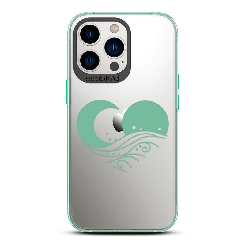 Laguna Collection - Green Compostable iPhone 12 & 13 Pro Max Case With Sun, Moon & A Wave Forming A Heart On A Clear Back