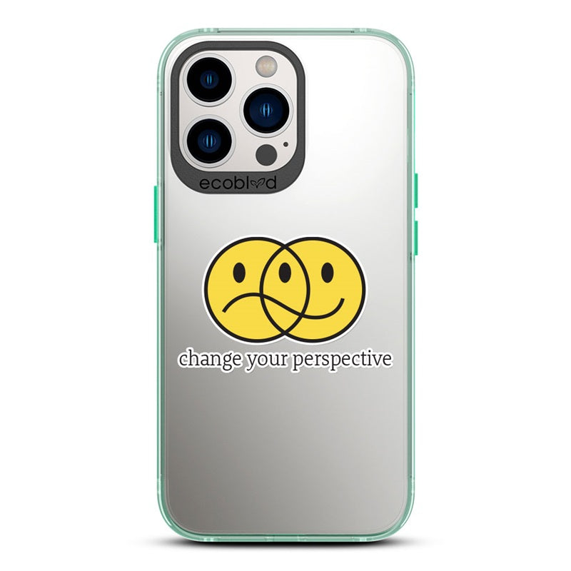 Laguna Collection - Green Compostable iPhone 12 & 13 Pro Max Case With Happy/Sad Face, Change Your Perspective On Clear Back