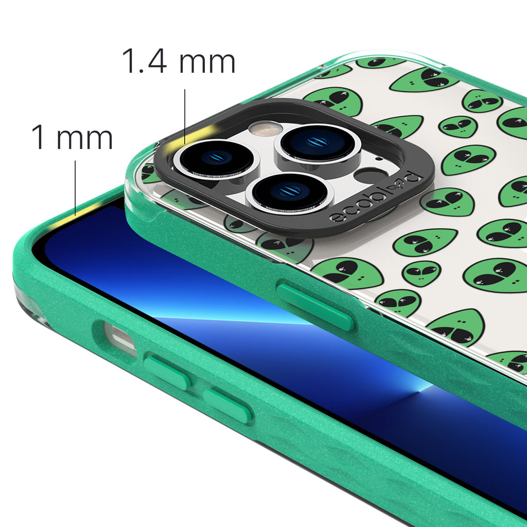 View Of The 1.4mm Raised Camera Ring & 1mm Edges On The Green Eco-Friendly iPhone 13 Pro Laguna Case With The Aliens Design