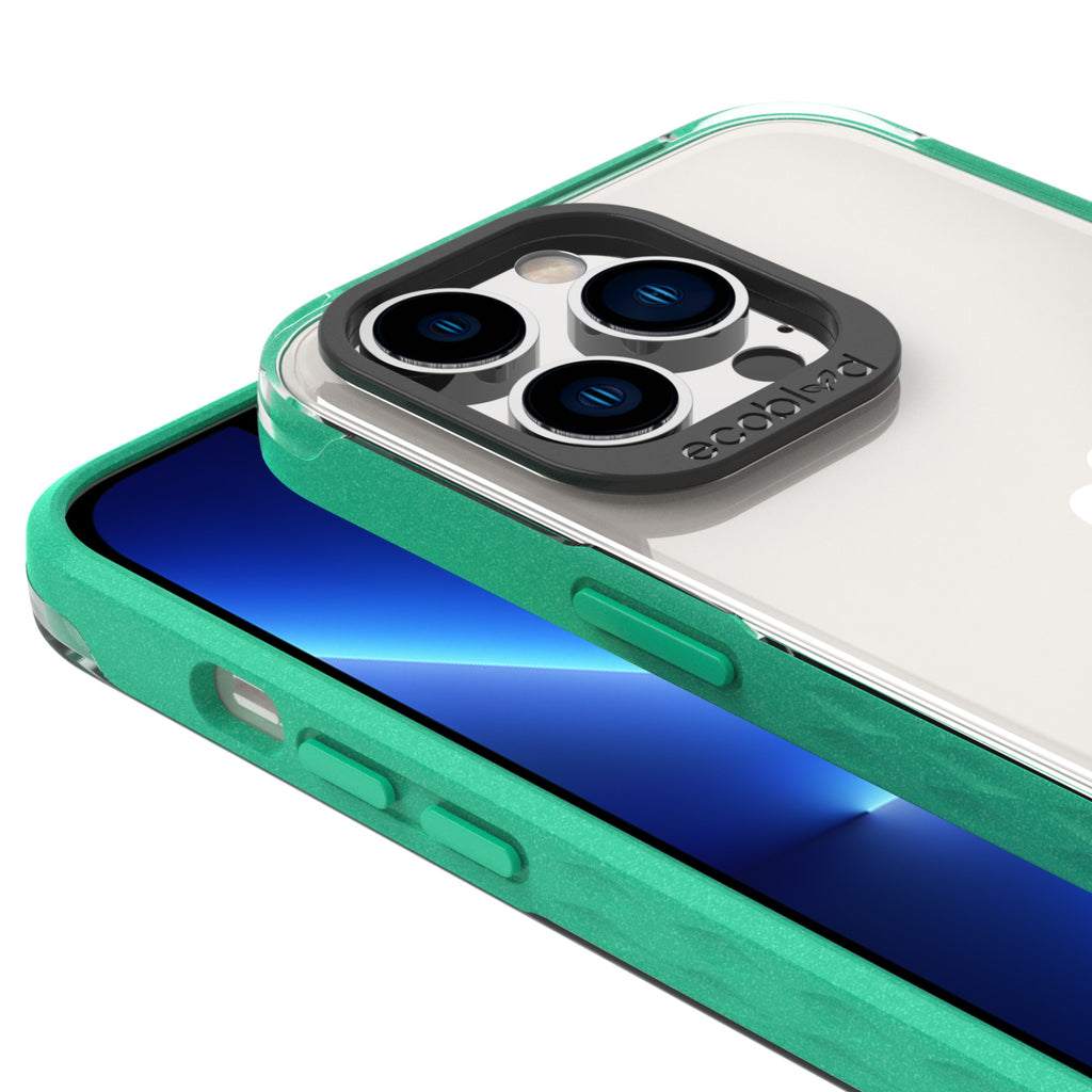 View Of Raised Camera Ring & Raised Edges On Green iPhone 13 Pro Max / 12 Pro Max Laguna Case