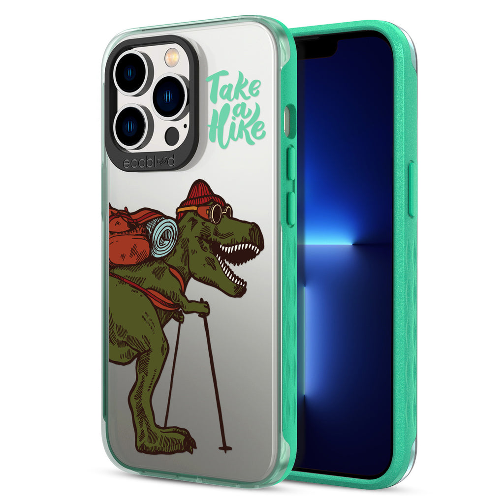Back View Of Green iPhone 13 Pro Laguna Case With The Take A Hike Design On A Clear Back And Frontal View Of The Screen