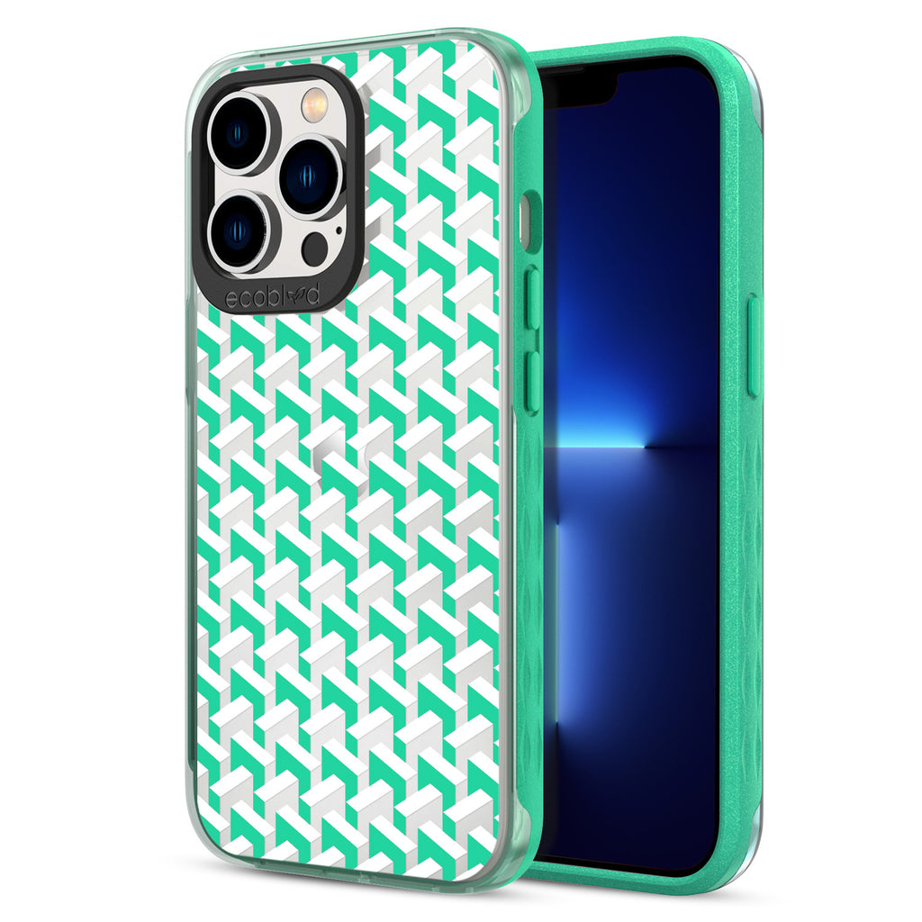 Back View Of Compostable Green iPhone 13 Pro Timeless Laguna Case With The That's Haute Design & Front View Of The Screen