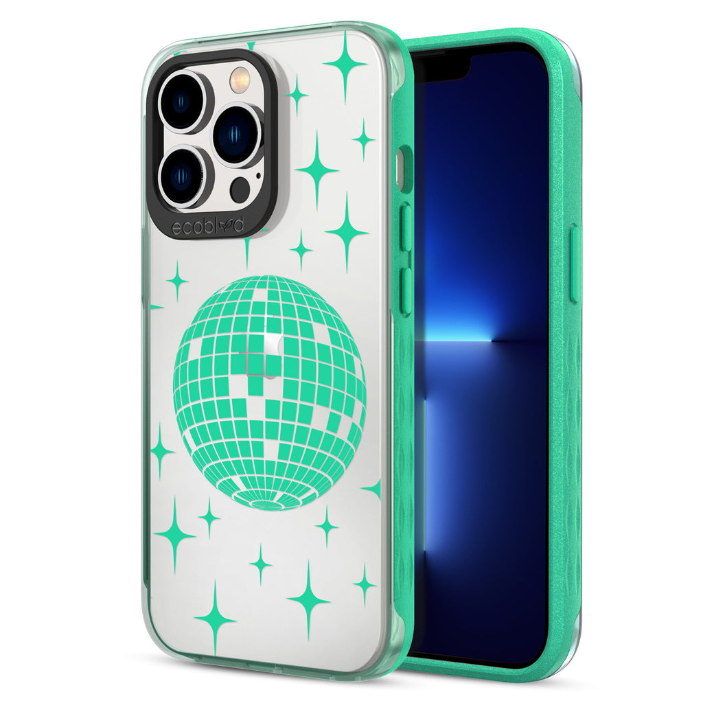 Back View Of Green Compostable iPhone 12 & 13 Pro Max Clear Case With The Disco With The Flow Design & Front View Of Screen
