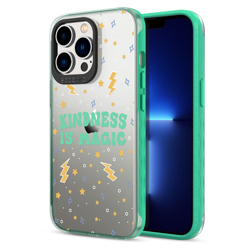 Back View Of Green Eco-Friendly iPhone 12 & 13 Pro Laguna Case With Kindness Is Magic Design & Front View Of Screen