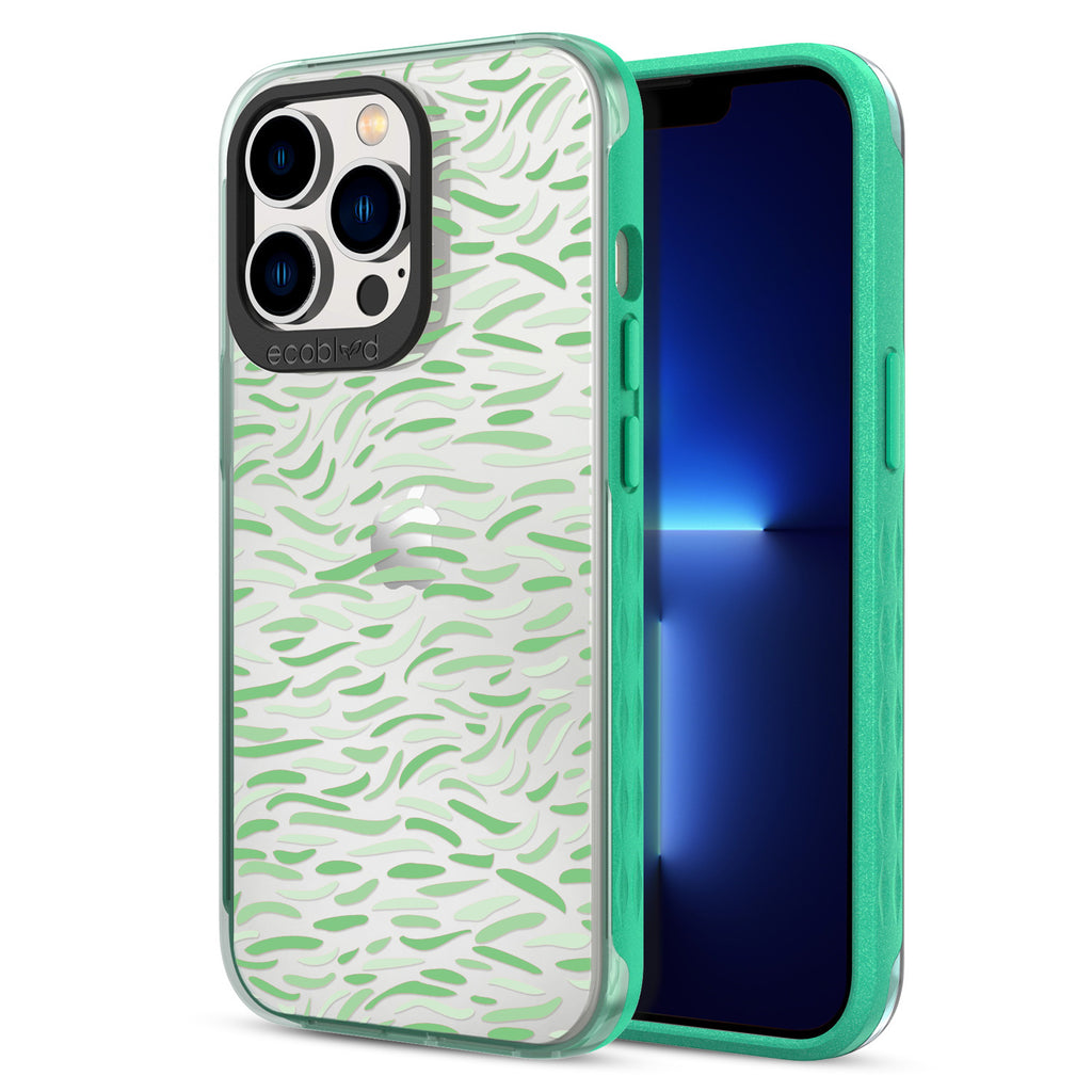 Back View Of Eco-Friendly Green iPhone 12 & 13 Pro Max Timeless Laguna Case With Bush Stroke Design & Front View Of Screen