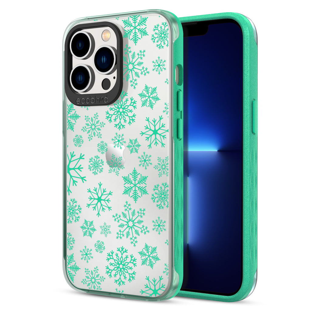 Back View Of Eco-Friendly Green Phone 13 Pro Winter Laguna Case With The Let It Snow Design & Front View Of The Screen