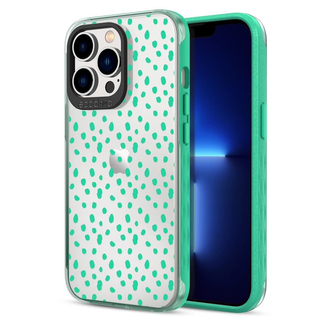 Back View Of Eco-Friendly Green iPhone 13 Pro Timeless Laguna Case With On The Dot Design & Front View Of Screen