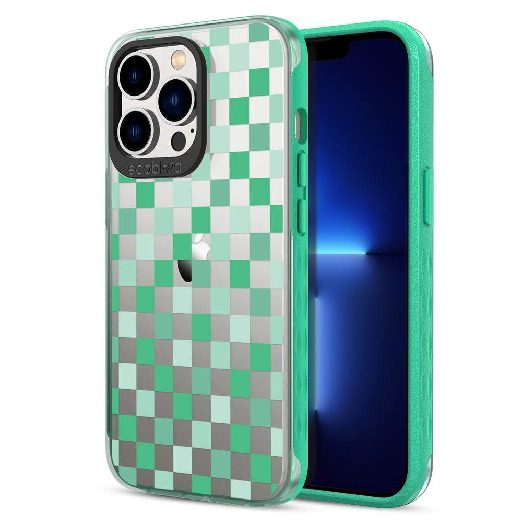 Back View Of Green iPhone 13 Pro Max / 12 Pro Max Laguna Case With Checkered Print On Clear Back And Frontal View Of Screen