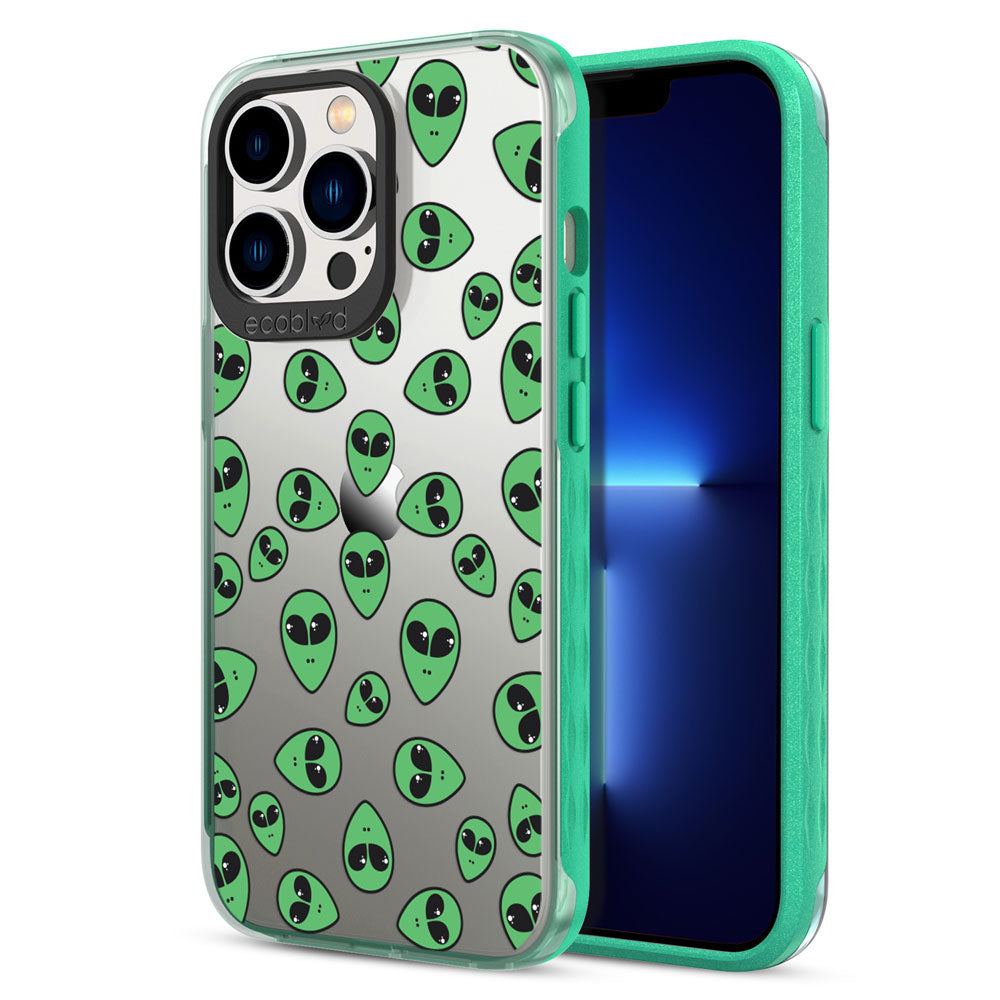 Back View Of Green iPhone 13 Pro Max / 12 Pro Max Laguna Case With Yin Yang Design On Clear Back And Frontal View Of Screen