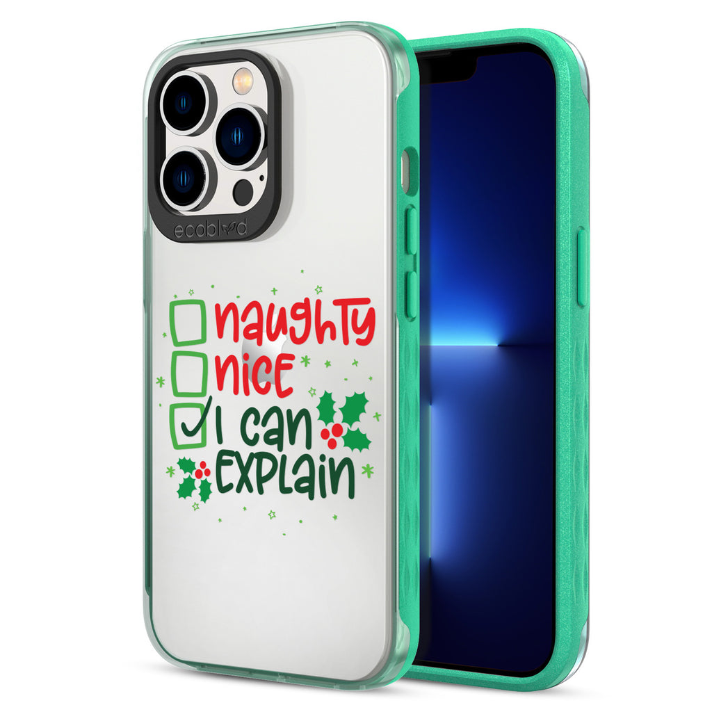 Back View Of Eco-Friendly Green iPhone 13 Pro Winter Laguna Case With I Can Explain Design & Front View Of The Screen