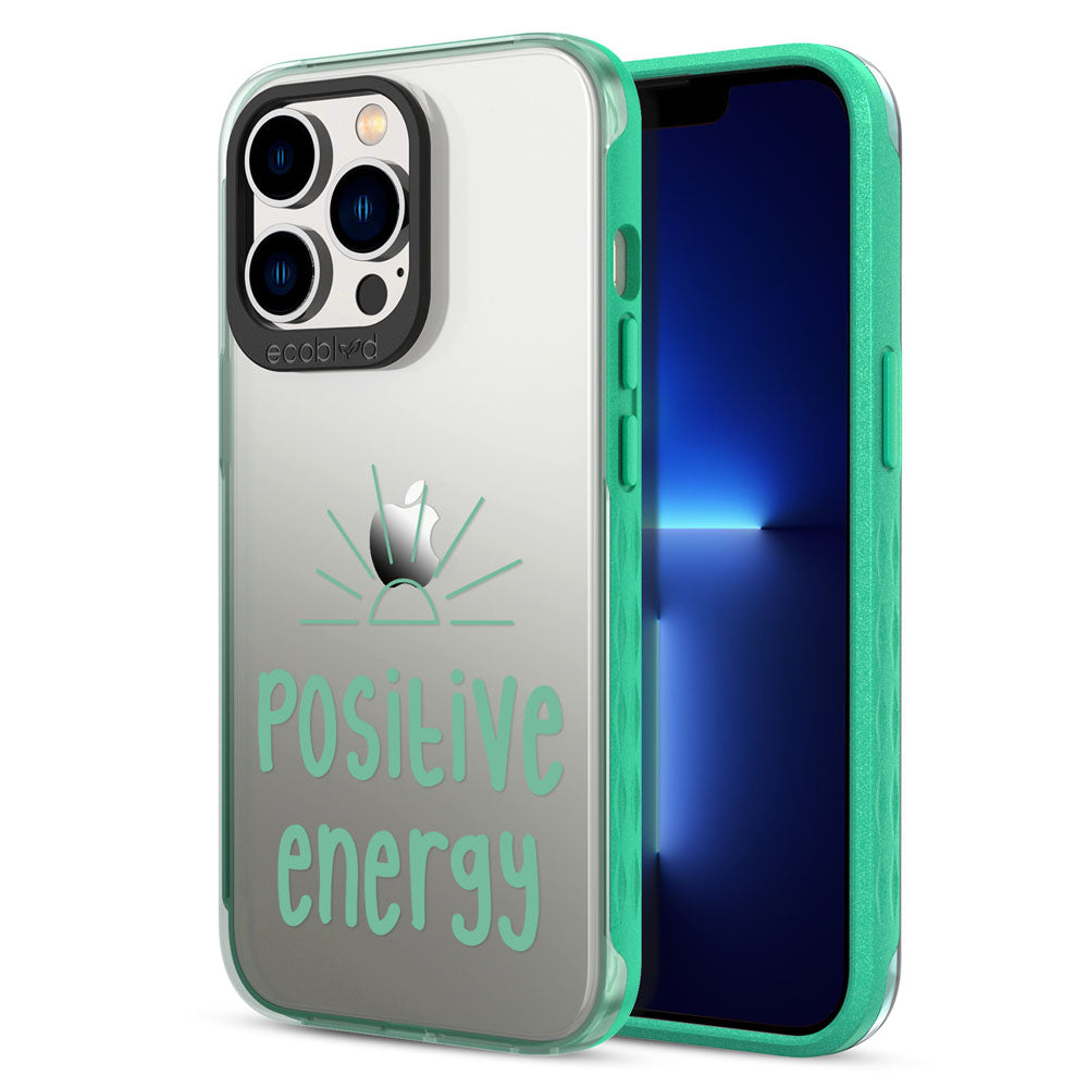 Back View Of Green iPhone 13 Pro Laguna Case With The Positive Energy Design On A Clear Back And Frontal View Of The Screen