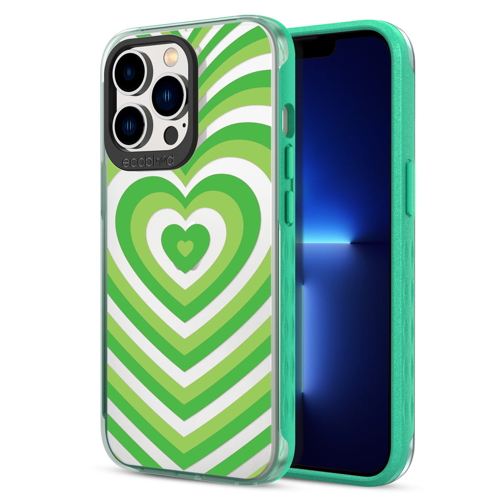 Back View Of Green Eco-Friendly iPhone 12 & 13 Pro Max Clear Case With The Tunnel Of Love Design & Front View Of Screen