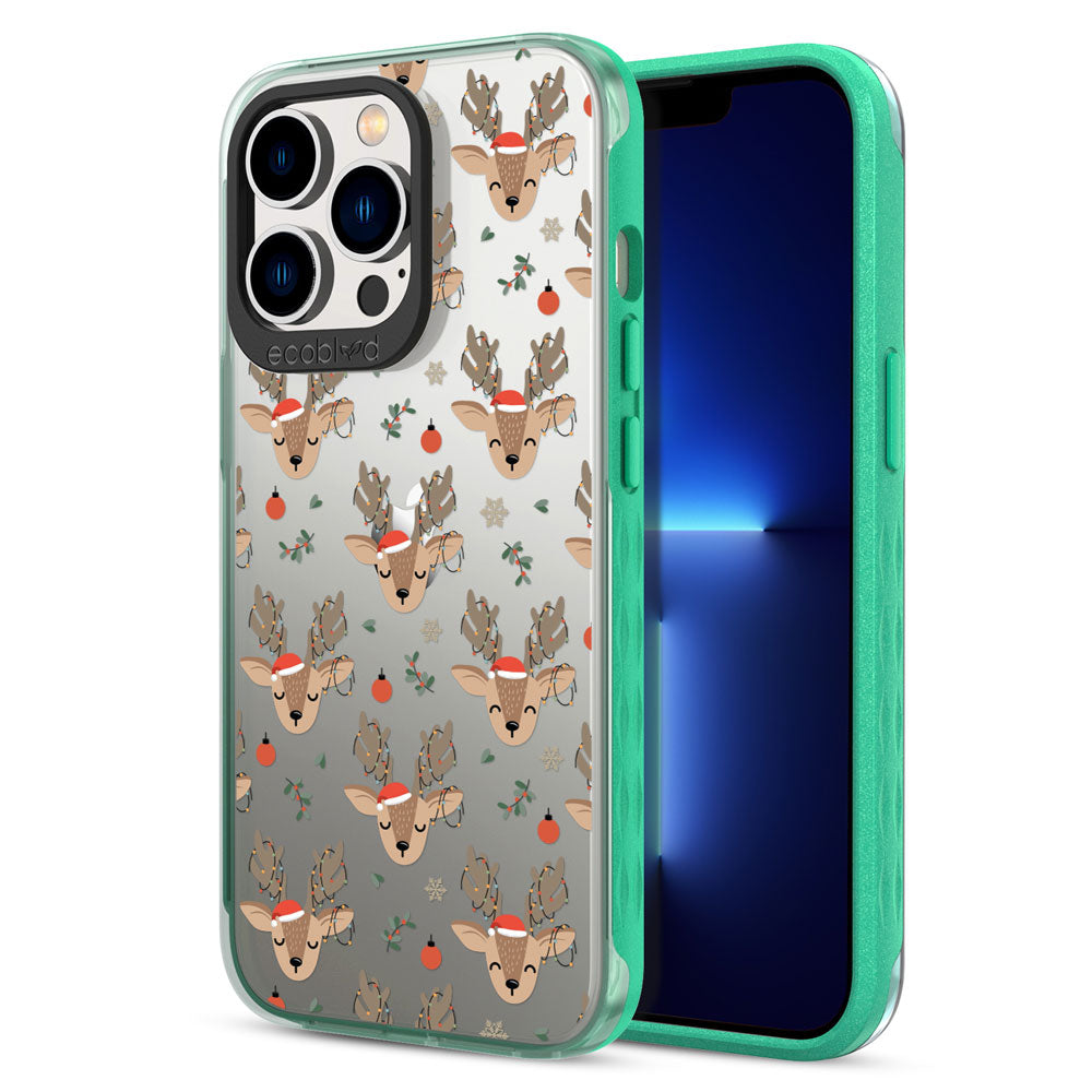Back View Of Green Compostable iPhone 12 & 13 Pro Max Winter Laguna Case With The Oh Deer Design & Front View Of The Screen