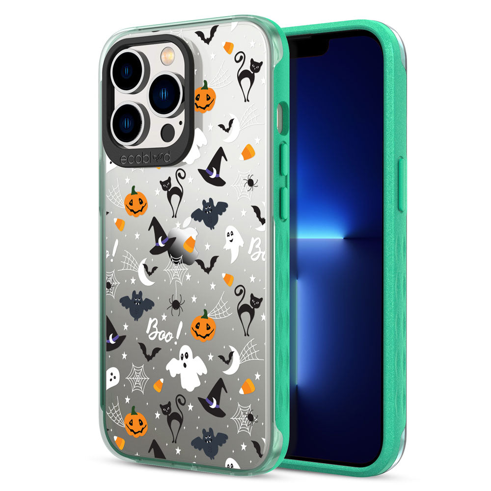 Back View Of Green Laguna Halloween iPhone 13 Pro Case With The Trick R' Treat Ya Self Design & Front View Of The Screen