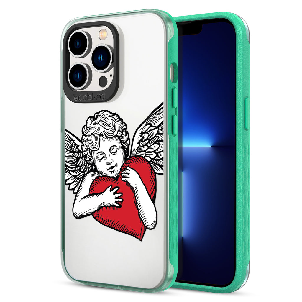Back View Of Green Eco-Friendly iPhone 12 & 13 Pro Max Clear Case With The Cupid Design & Front View Of Screen