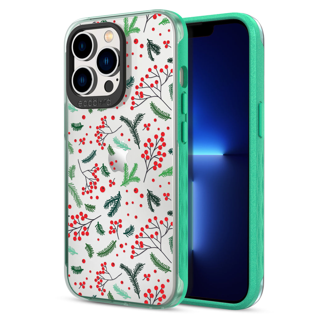 Back View Of Compostable Green Phone 13 Pro Winter Laguna Case With Under The Mistletoe Design & Front View Of Screen