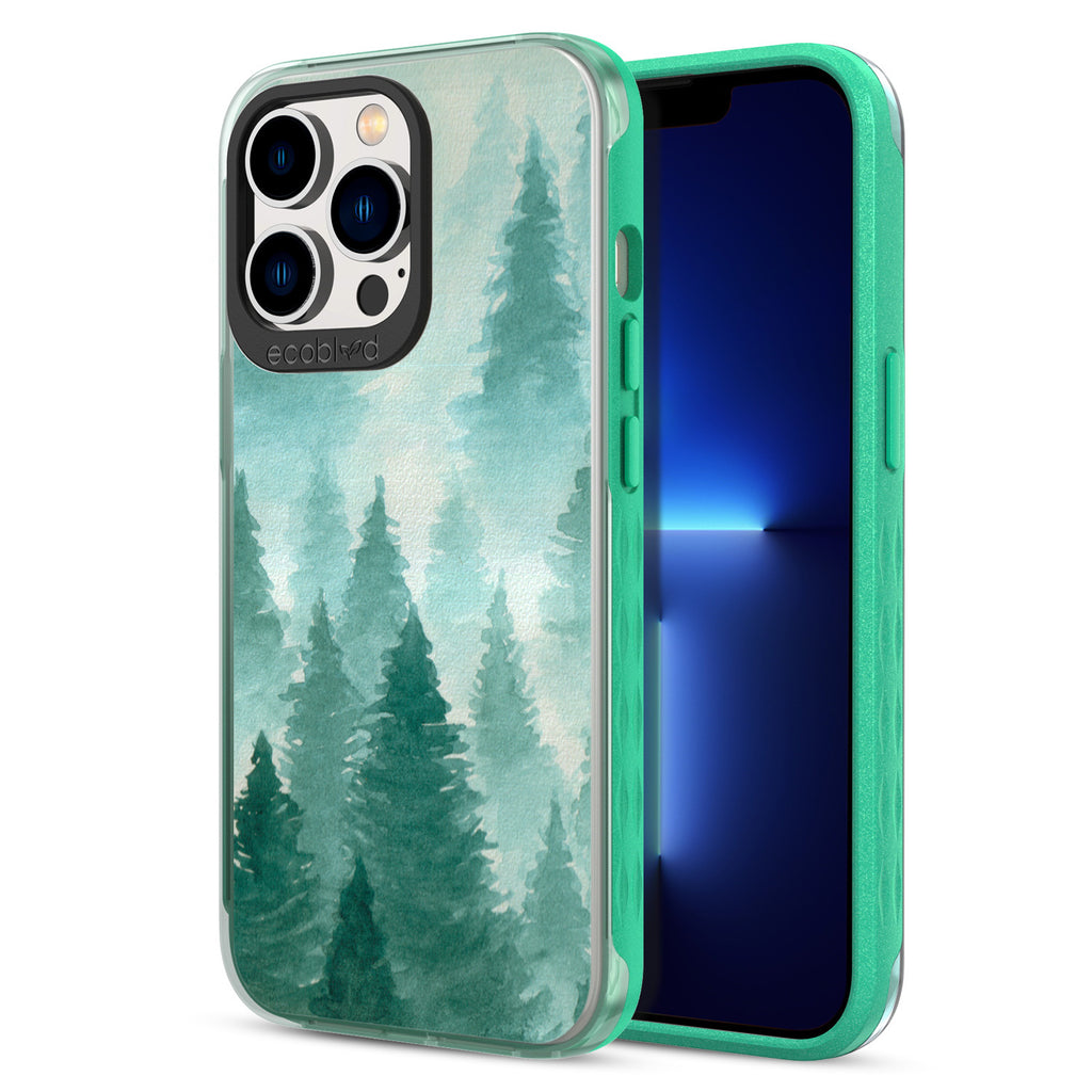 Back View Of Eco-Friendly Green iPhone 12 & 13 Pro Max Winter Laguna Case With A Winter Pine Design & Front View Of Screen