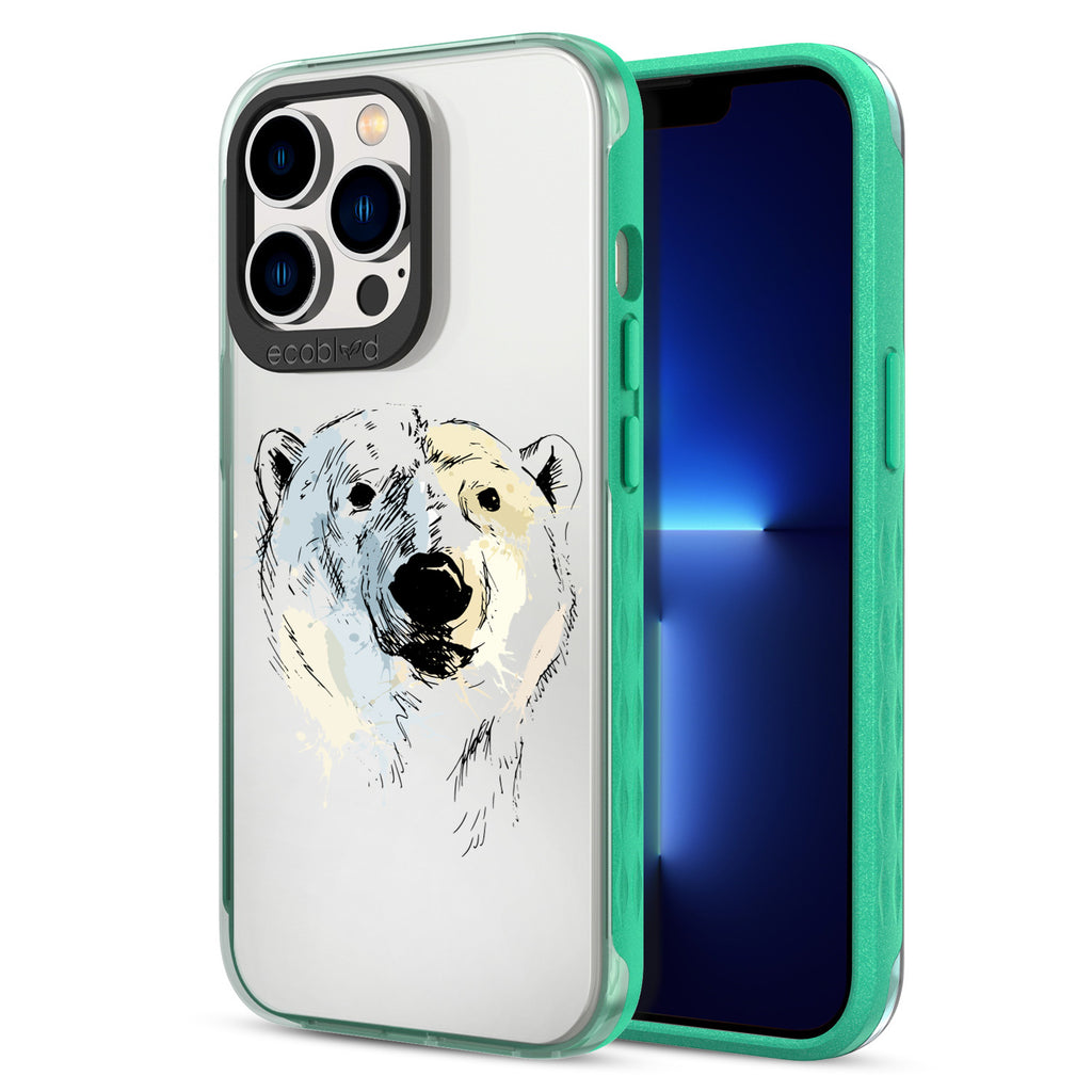 Back View Of Green Eco-Friendly iPhone 13 Pro Clear Case With The Polar Bear Design & Front View Of Screen