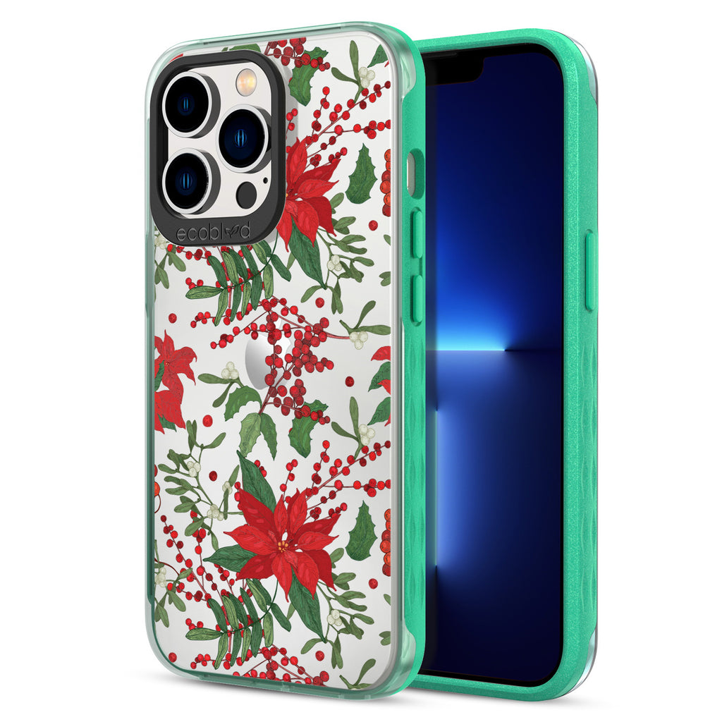 Back View Of Green Eco-Friendly iPhone 13 Pro Clear Case With The Poinsettia Design & Front View Of Screen
