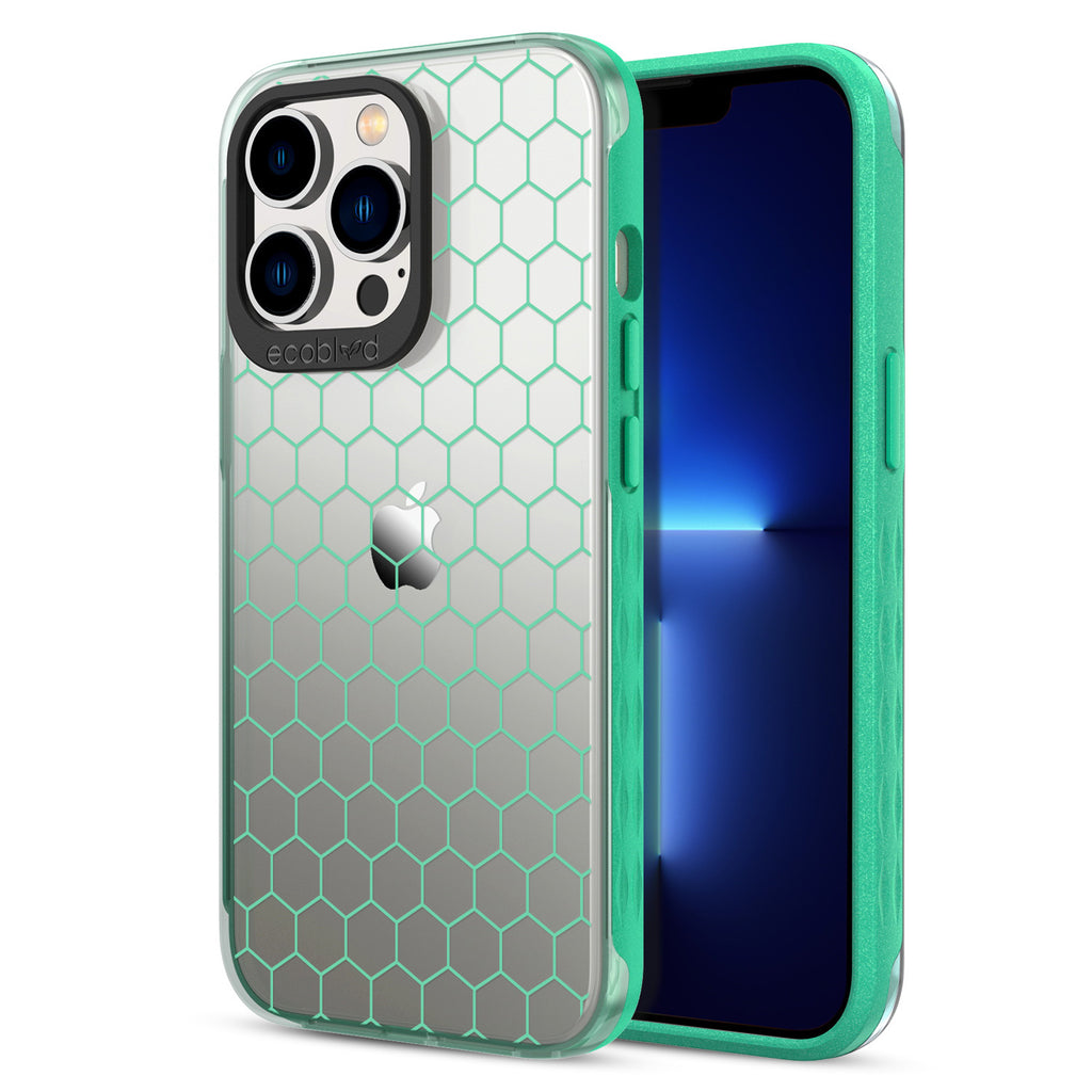Back View Of The Green Compostable iPhone 13 Pro Laguna Case With Honeycomb Design On A Clear Back & Front View Of The Screen