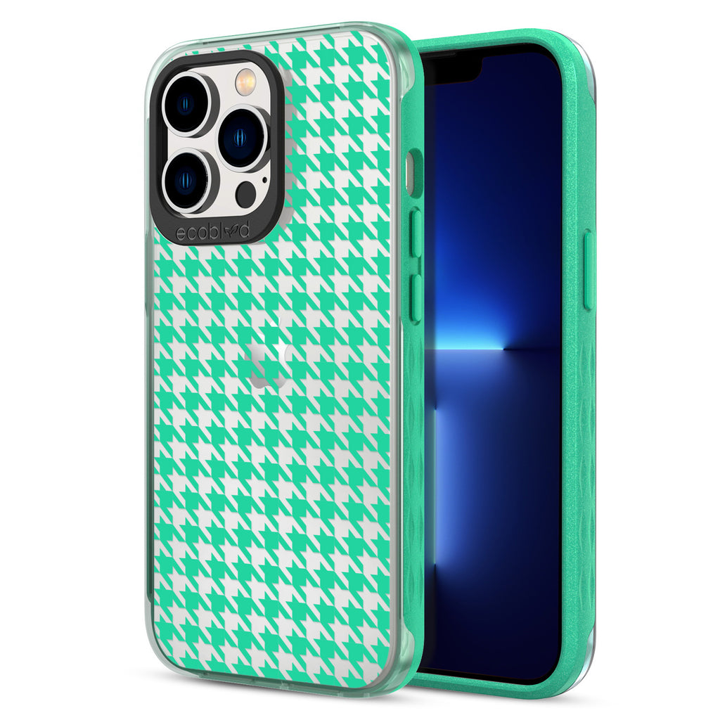 Back View Of Eco-Friendly Green iPhone 12 & 13 Pro Max Timeless Laguna Case With Houndstooth Design & Front View Of Screen
