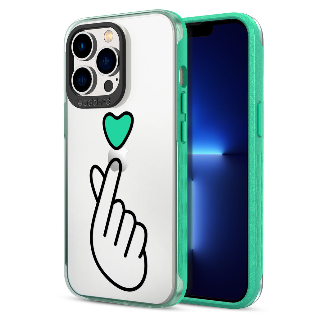 Back View Of Green Eco-Friendly iPhone 13 Pro Clear Case With The Finger Heart Design & Front View Of Screen