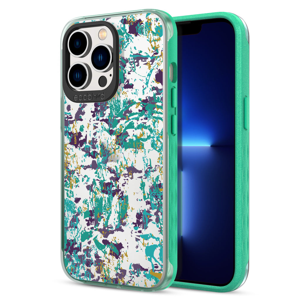 Contemporary Collection - Green Compostable iPhone 12/13 Pro Max Case - Abstract Expressionist Paint Splatter On A Clear Back
