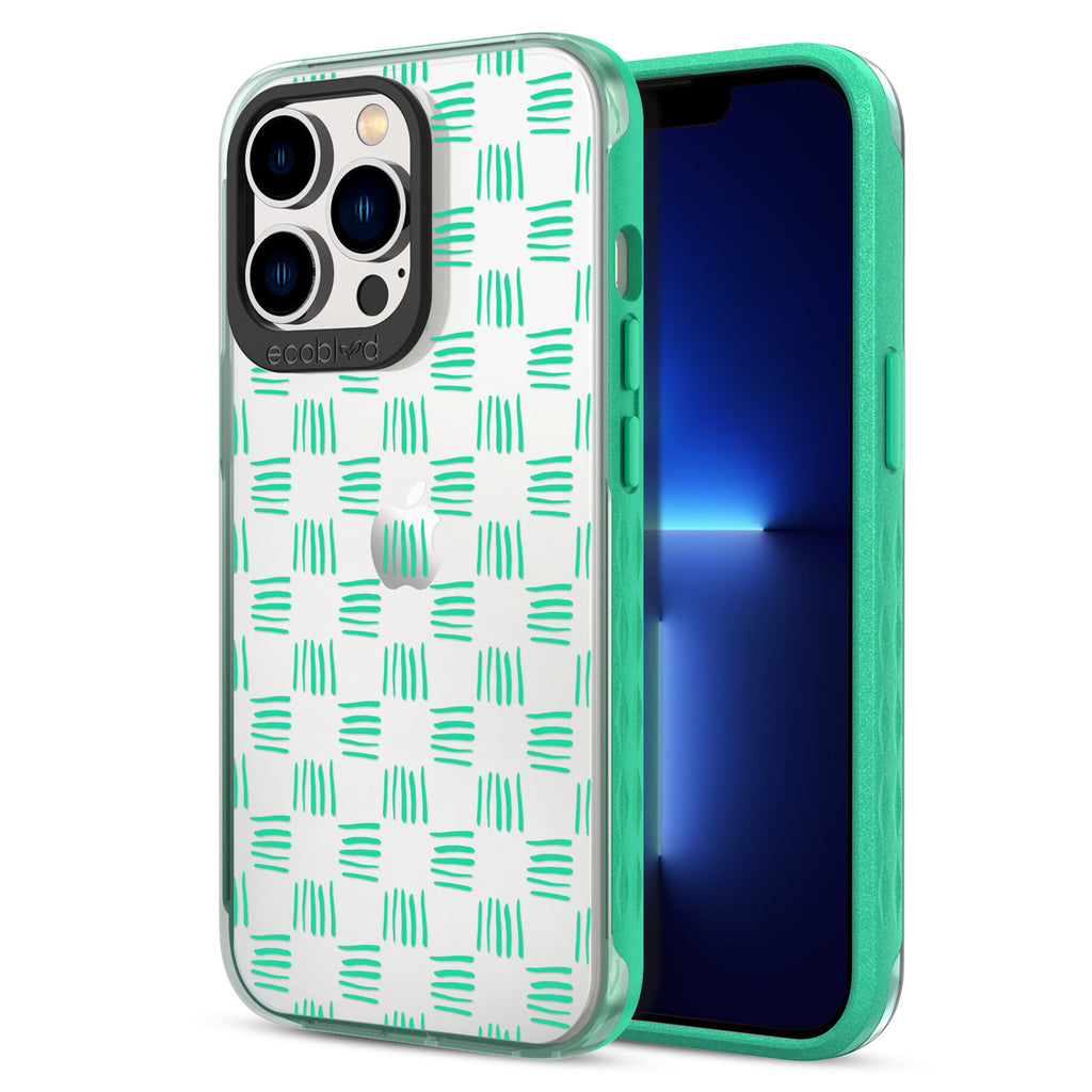 Back View Of Green Eco-Friendly iPhone 13 Pro Clear Case With Weave It To Me Design & Front View Of Screen