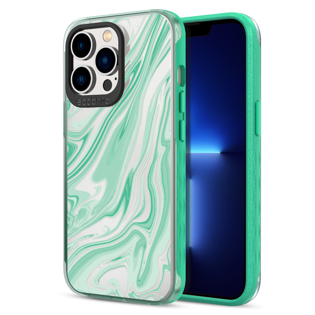 Back View Of Green iPhone 12 & 13 Pro Max Timeless Laguna Case With The Simply Marbleous Design & Front View Of The Screen