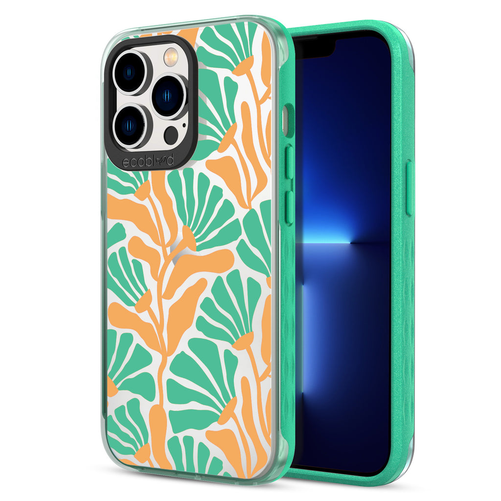 Back View Of Green Eco-Friendly iPhone 13 Pro Clear Case With Floral Escape Design & Front View Of Screen
