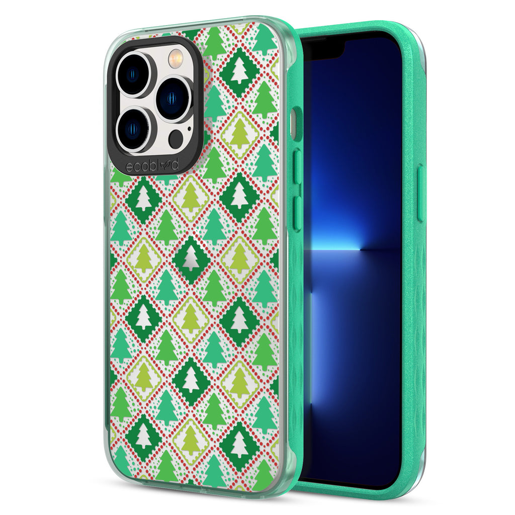 Back View Of Eco-Friendly Green iPhone 12 & 13 Pro Max Winter Laguna Case With Feeling Jolly Design & Front View Of Screen
