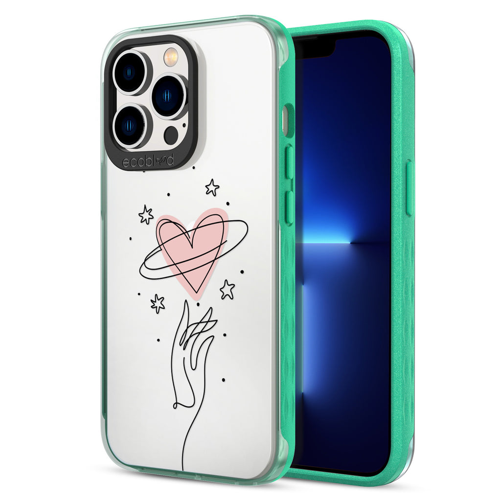 Back View Of Green Eco-Friendly iPhone 12 & 13 Pro Max Clear Case With The Be Still My Heart Design & Front View Of Screen